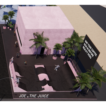  Immersive Architecture in Riyadh, a pop-up design by Studio Königshausen. The Riyadh pop-up for Joe and the Juice embodies the brand's essence with Miami-inspired aesthetics. Our standout feature is a lifeguard tower, combining black and pink hues for a true beach feel.